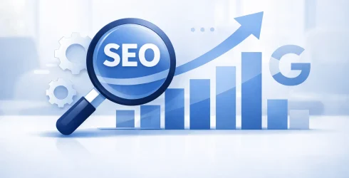 Keresőoptimalizálás illusztráció növekvő grafikonon és SEO nagyítón